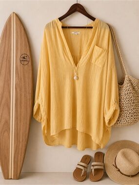 O'Neill Yellow Gauze Tunic Blouse | Long Sleeve Beach Cover Up | Size Large